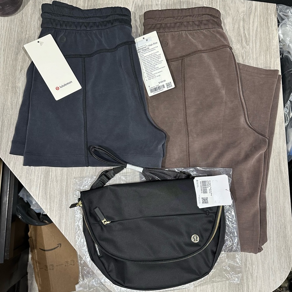 Lululemon Bundle Espresso Softreme Pant + Black Softreme Shorts + Festival Bag